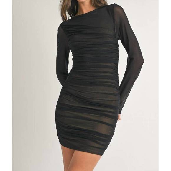 NEW KLESIS long sleeve bodycon ruched mesh mini dress in black - Picture 1 of 6